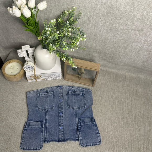 PrettyLittleThing Tall Denim Corset Top NWT US 8 Vintage Wash Zip Front - Picture 3 of 4